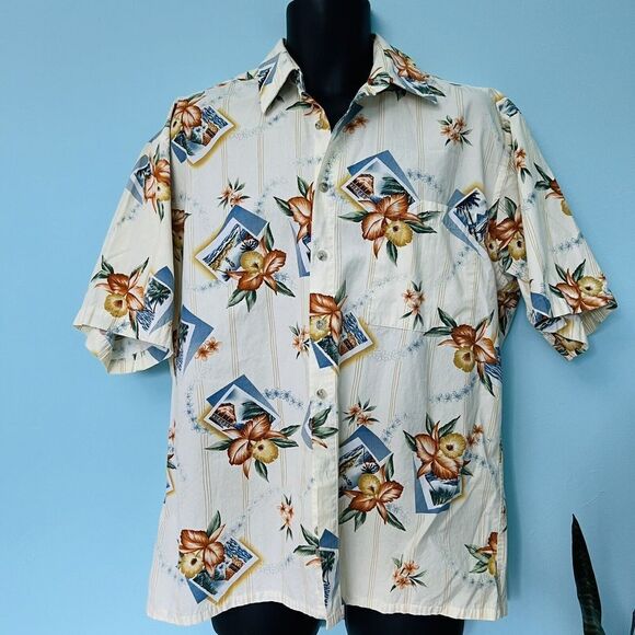 L Men's CAMPIA MODA Cotton Vintage Postcard Village Floral Hawaiian Shirt  0749 - Picture 1 of 9